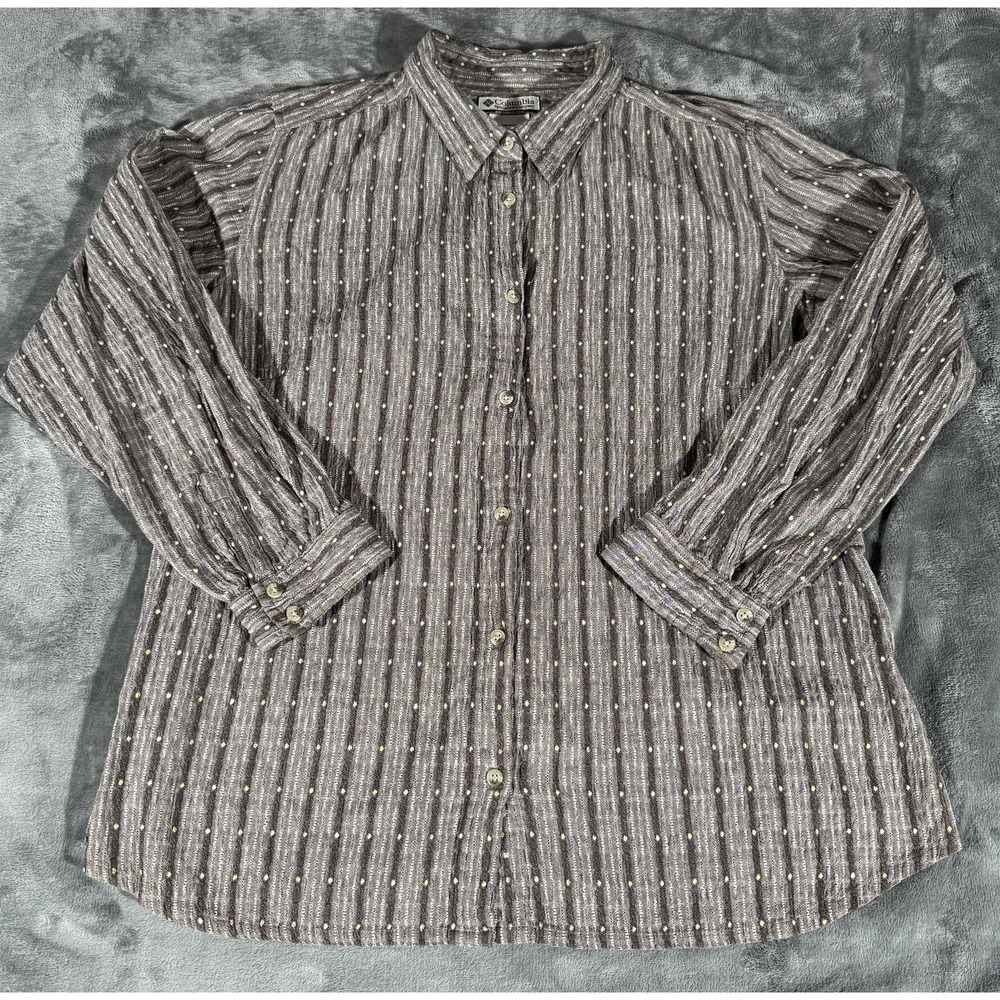Columbia Shirt Womens 1X Brown Striped Button Front Long Sleeve Hiking Camping